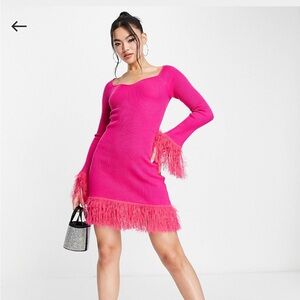 Pink knit long sleeve dress with feather details
